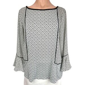 Loft Blouse Size Small White with Black Design Belle Sleeves 100% Rayon